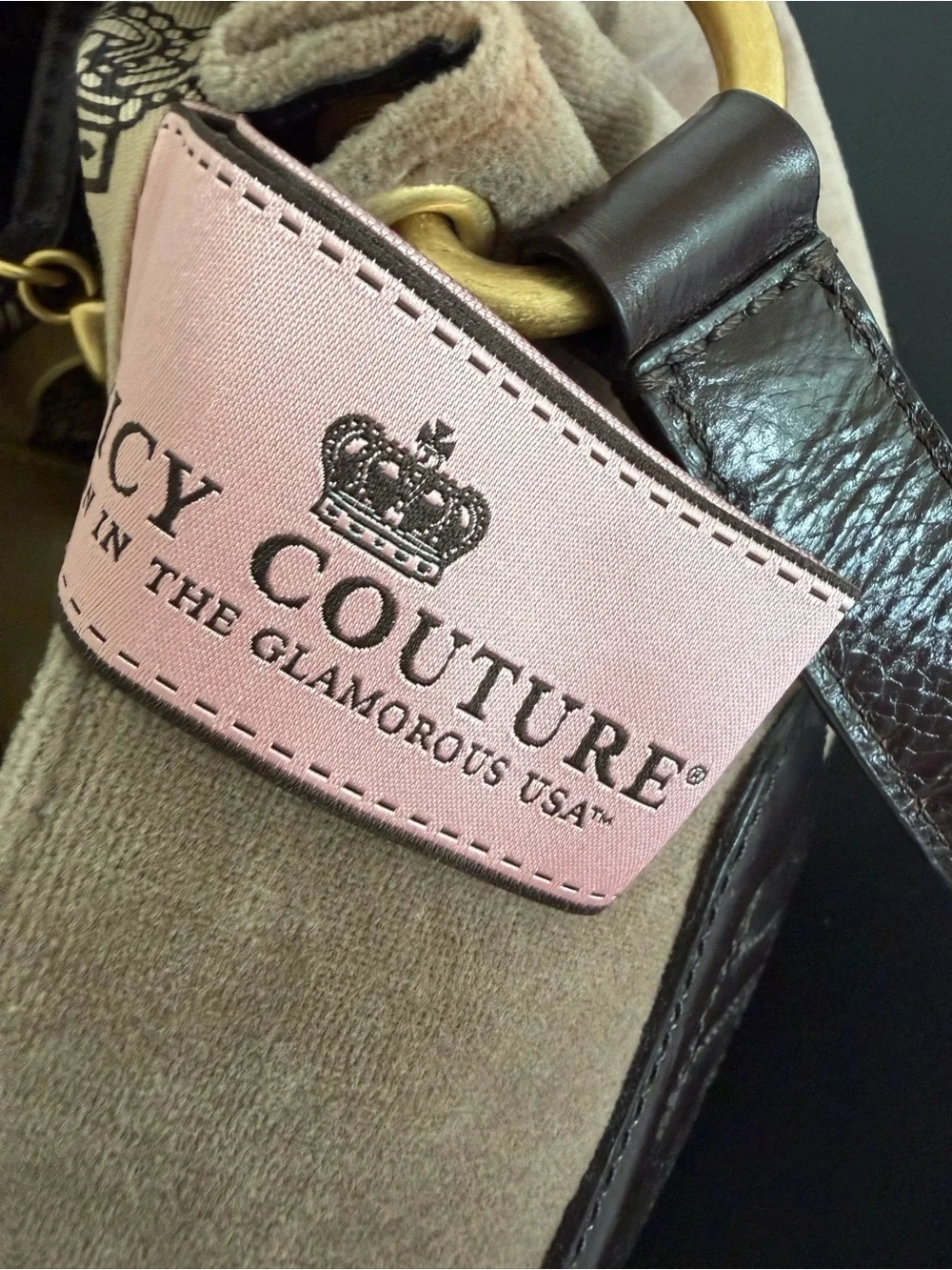 Juicy Couture Velour Satchel Shoulder Bag Doe Brown Y2K Heart Charm - Picture 16 of 16
